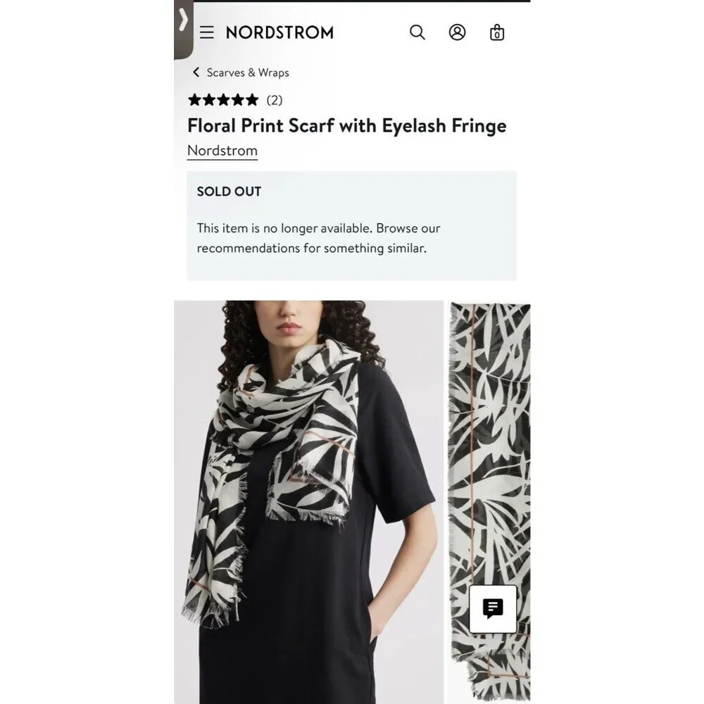 Nordstrom Tissue Weight Wool & Cashmere Scarf 29 x 73” Floral Black White $99